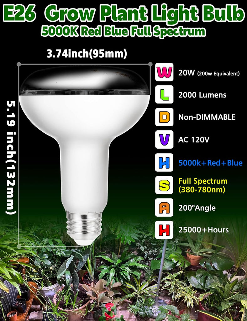 E26 Plant Light Bulb, Full Spectrum Grow Light Bulbs BR30, 200w Equivalent