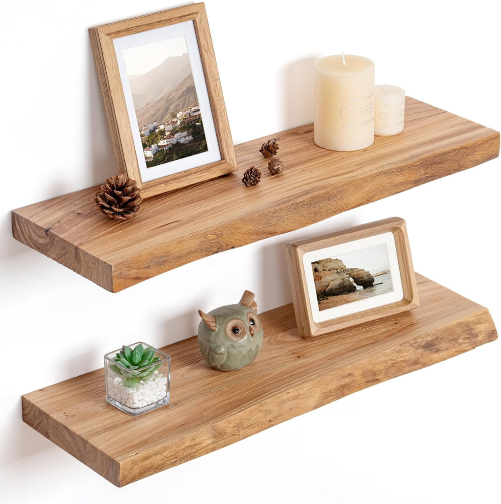 Floating Shelves for Wall Decor, Rustic Solid Elm Wood Live Edge Floating Shelves Wall Mounted, Wall Shelves with