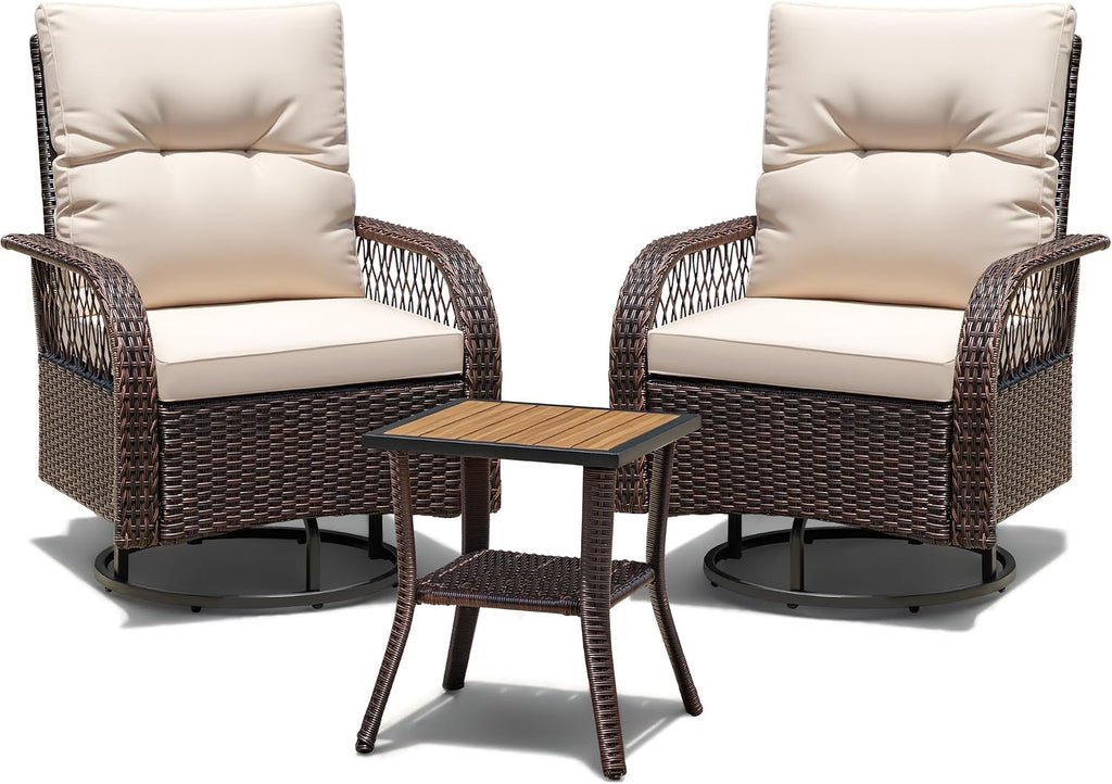 Patio Furniture Set Outdoor 3 Pieces Wicker Swivel Rocking Chairs | Rocking Chairs Set of 2 with Coffee Table, Patio