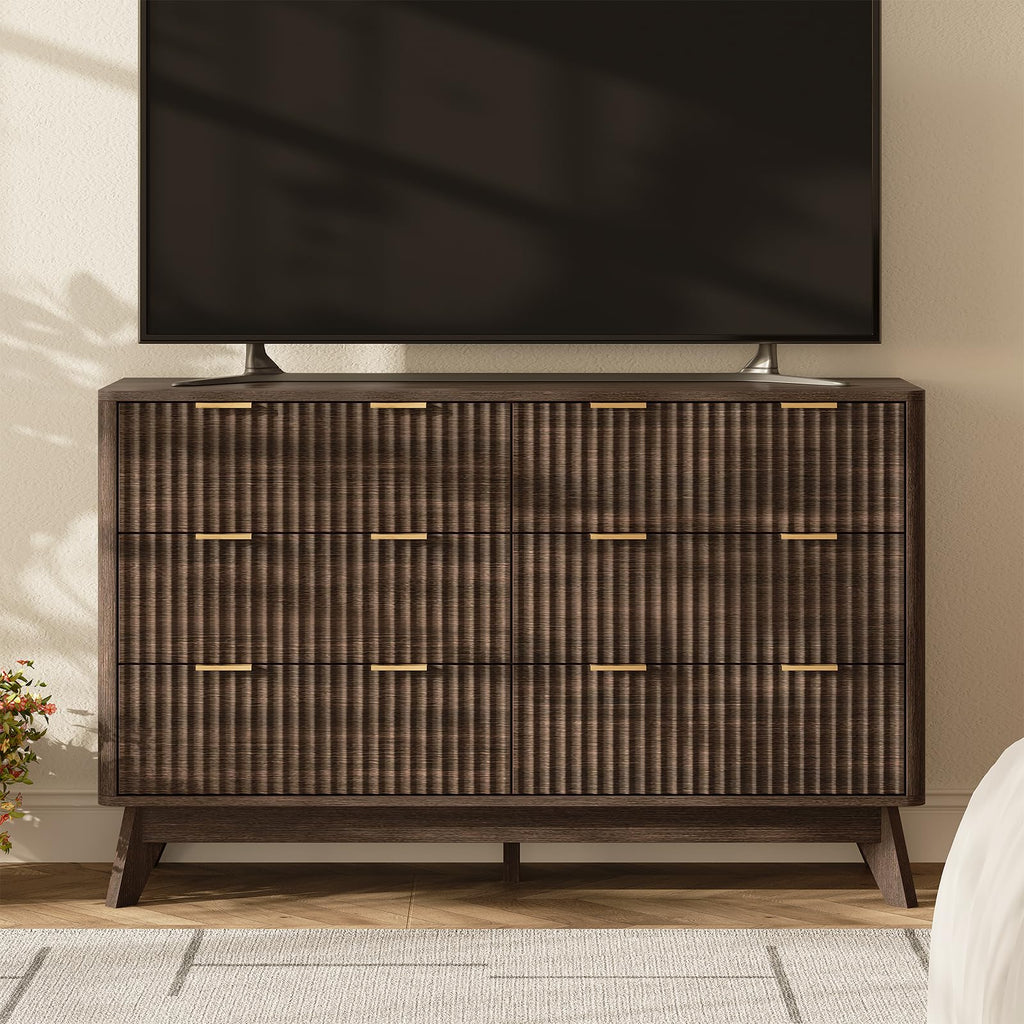47" Wide Fluted 6 Drawers Dresser, Curved Edge, Walnut