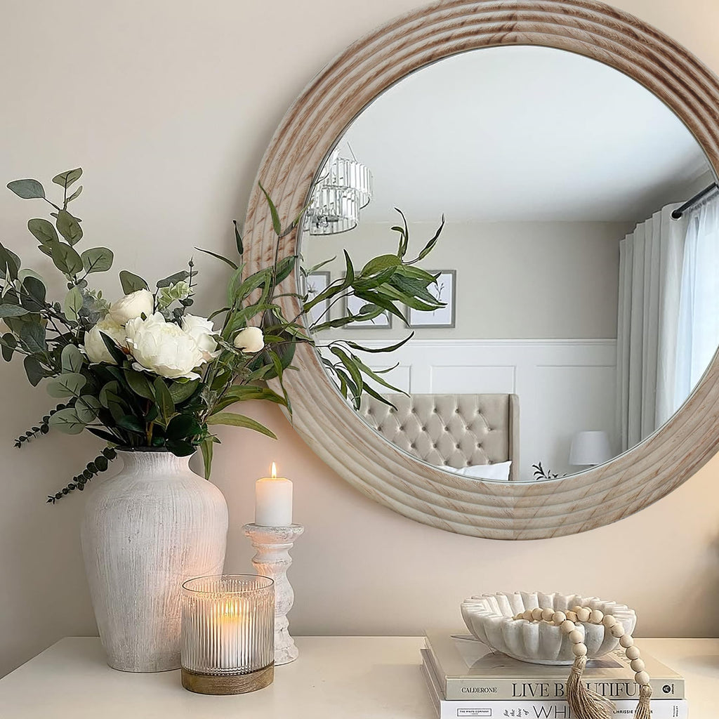 Round Mirror, Farmhouse Decor Solid Wood Frame Wall Circle Mirror, Decorative Mirrors Over Sink, Living Room