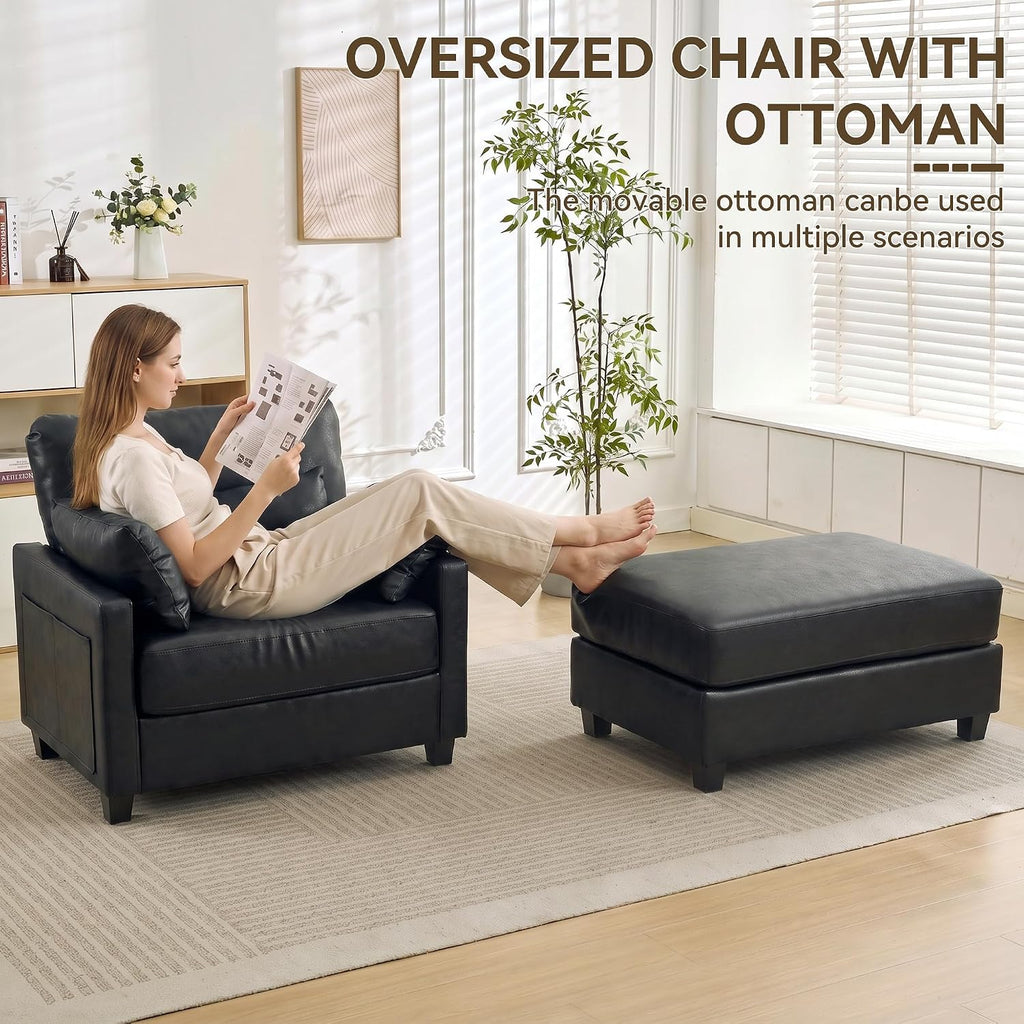 58" Oversized Faux Leather Chaise Lounge Chair Indoor, Mid Century Modern Accent Chair with Ottoman, Deep Seat Comfy