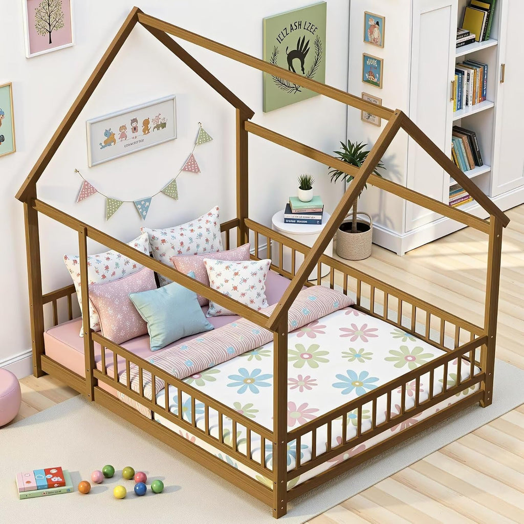 Queen Size Montessori Floor Bed Frame with Slats and Fence, Wooden House Bed for Boys Girls Bedroom, Light Espresso