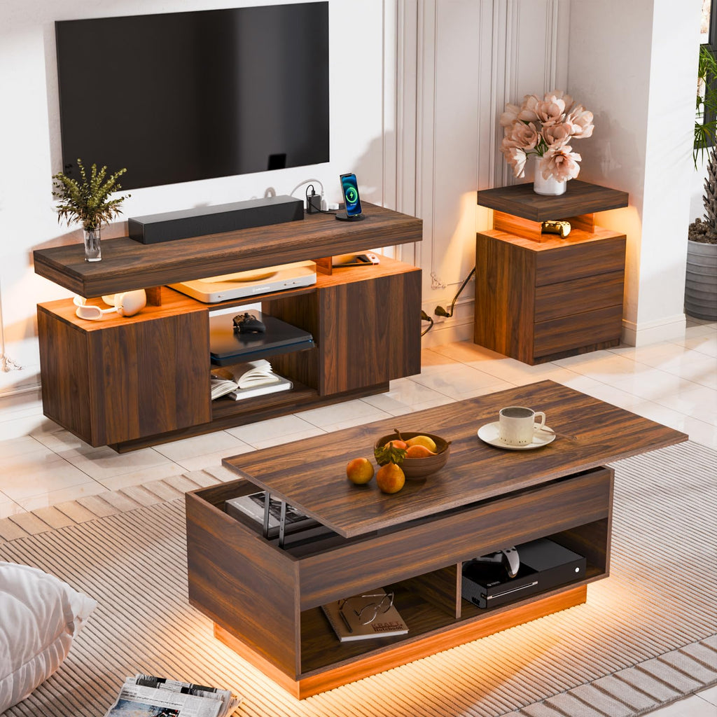 Modern LED TV Stand for 65 Inch TV, Walnut TV Console with Power Outlet, Entertainment Center with Storage for
