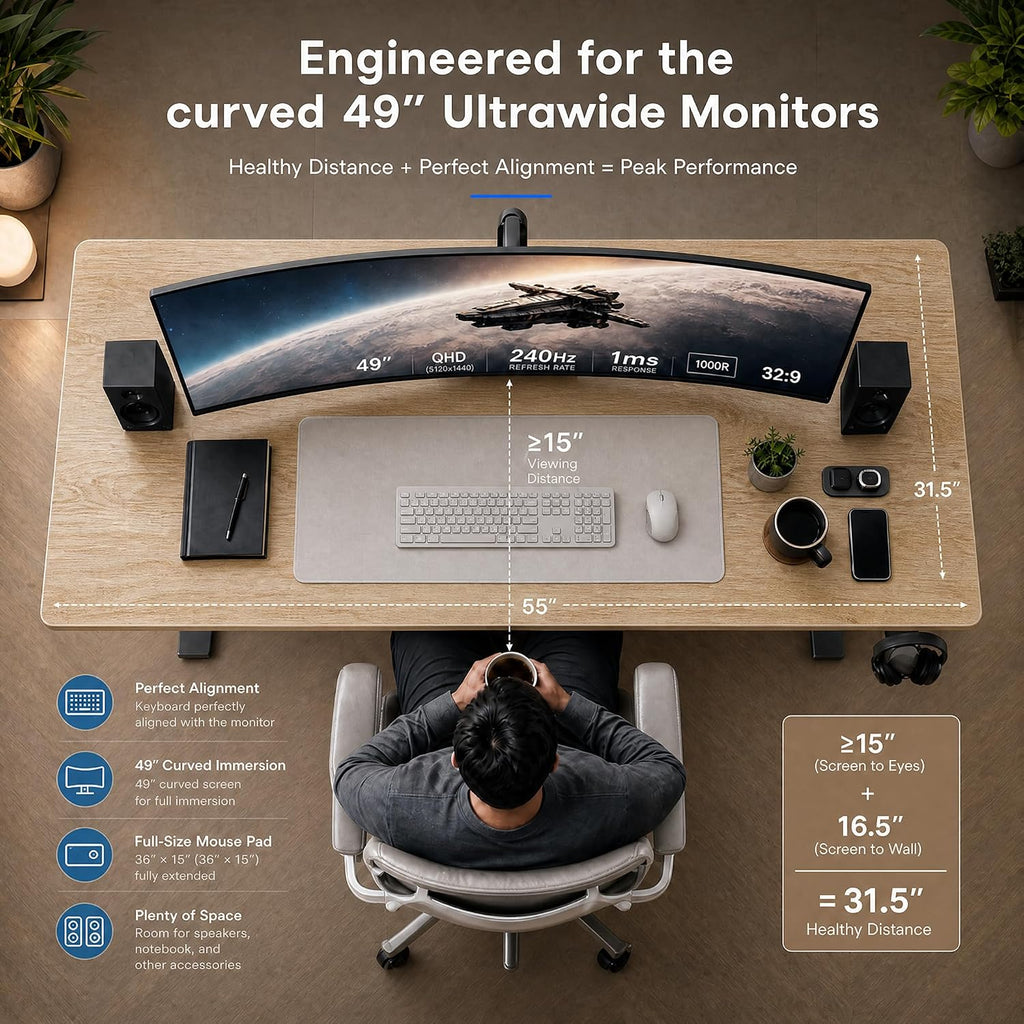 55x32 Extra-Deep Electric Standing Desk, Wide Desktop Fits 49" Ultrawide Monitor+Dual Screens, 176 lbs Capacity, 2