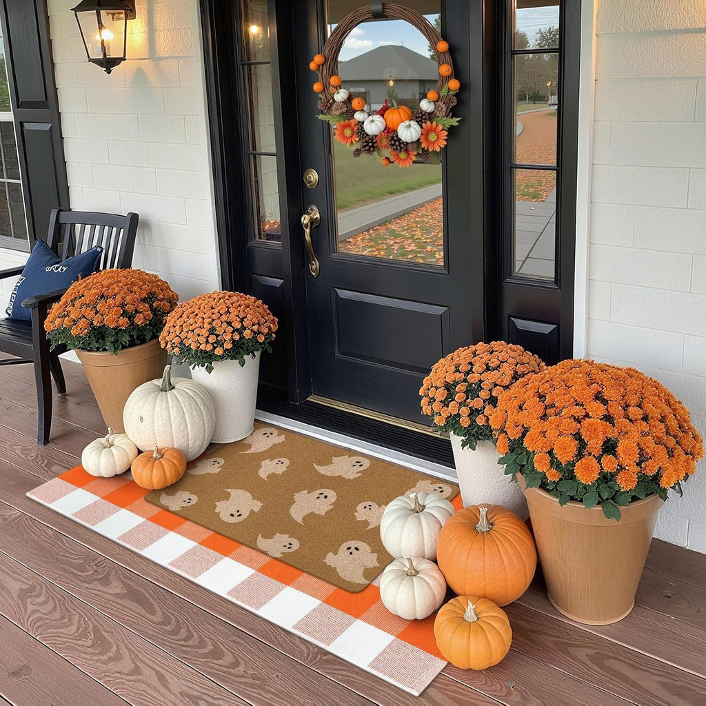 Halloween Door Mat Fall Decor Combo Set + Buffalo Plaid Checkered Rug Fall Washable Outdoor Rug 3'x5' Autumn Layered