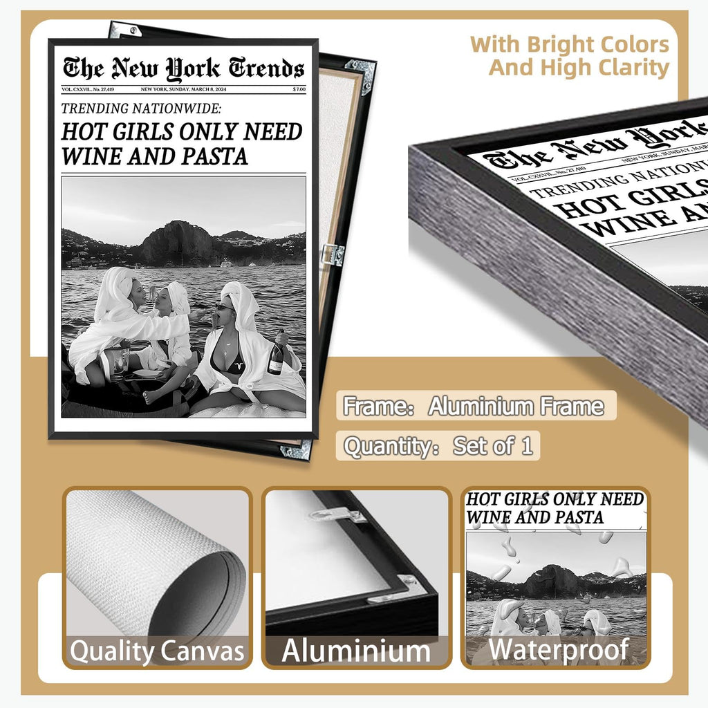 Vintage Trendy Black And White Newspaper Print Poster Retro Times Canvas Wall Art Funky Hot Girls Eating Pasta Prints