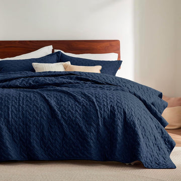 Quilts Queen - Lightweight Bedspreads Queen with Basket Weave Pattern, Soft Quilt Bedding Set, Navy Comforter Set
