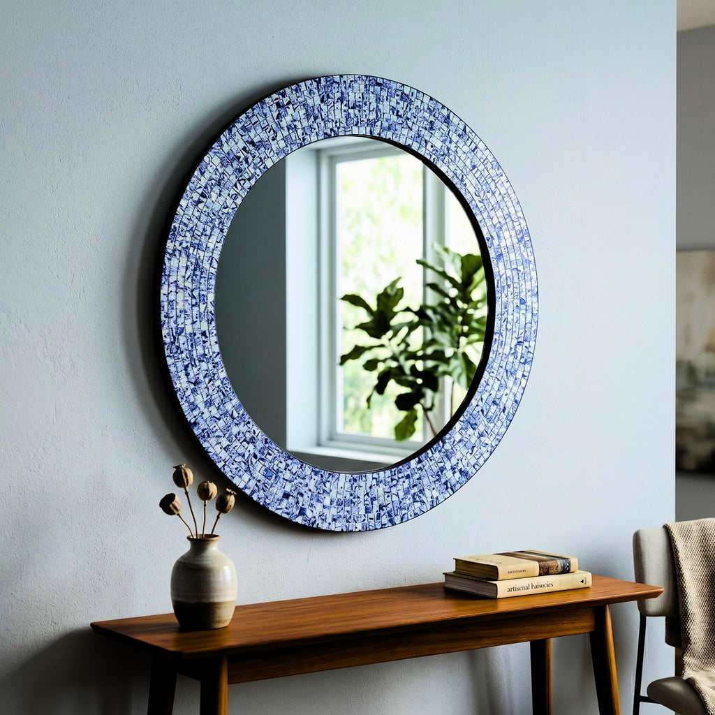 24" Round Mosaic Wall Mirror Sapphire Blue & Silver Glass Tile Frame Handmade Decorative Accent Mirror Bathroom