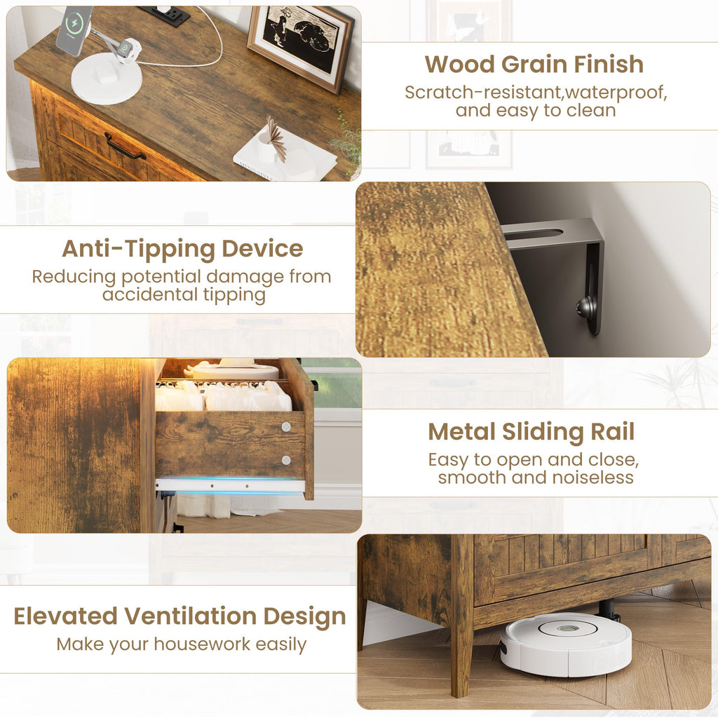 47.3'' Rustic Brwon 8 Drawer Dresser with Power Outlet & LED Lights