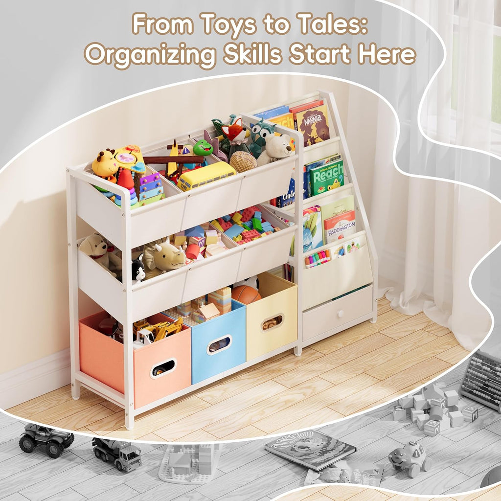 Toy Storage Organizer - Kids Bookshelf with 3 Shelf and 10 Storage Bins | Montessori Playroom Storage for Toddler