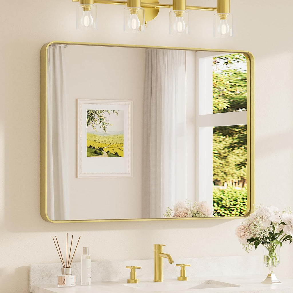 40 x 30 Inch Gold Bathroom Mirror, Brushed Brass Metal Frame Mirror for Vanity, Rectangle Wall Mounted Golden Modern