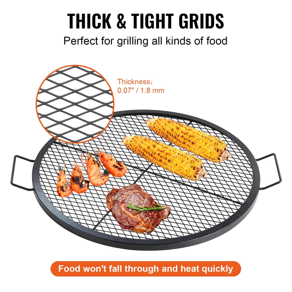 X-Marks Fire Pit Grill Grate, Round Cooking Grate, Heavy Duty Steel Campfire BBQ Grill Grid with Handle and Support X