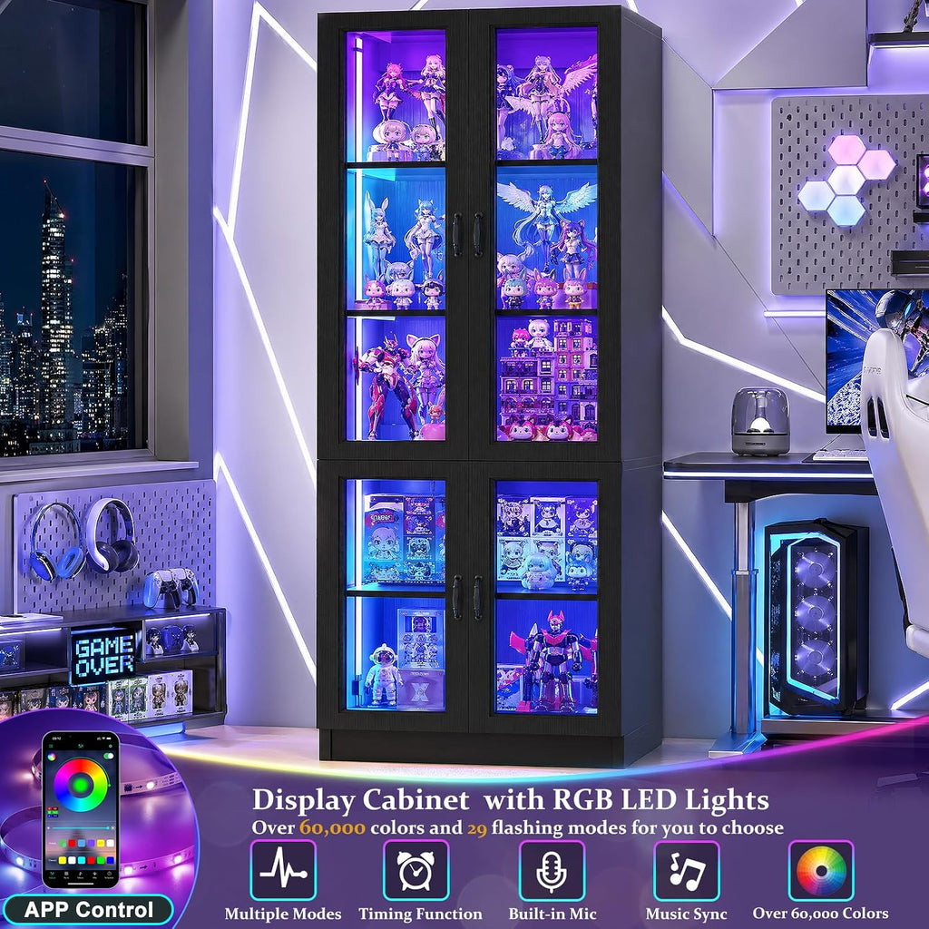 80" Display Cabinet with Glass Doors, 5-Tier Tall Bookcase with LED Light, Glass Display Case with Adjustable