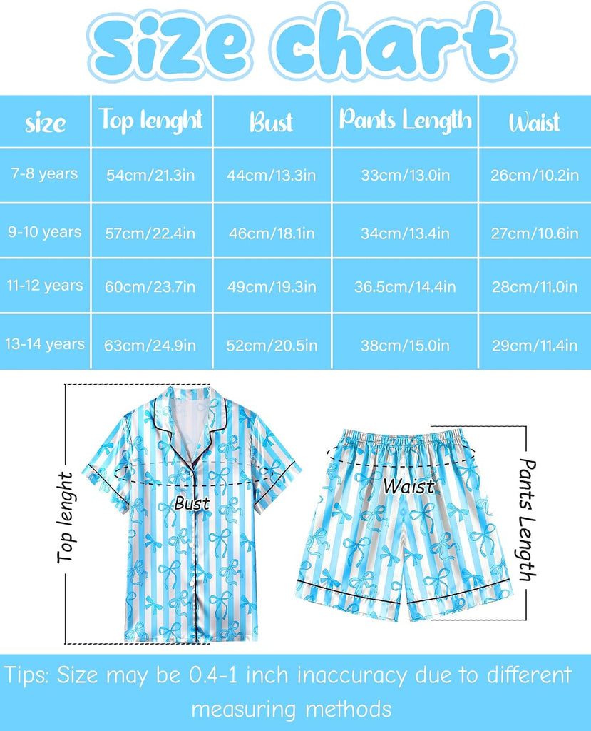 Girls Pajamas Silk PJS Set Bow Satin Sleepwear Short Sleeve Jammies for Kids Button-Down Nightwear