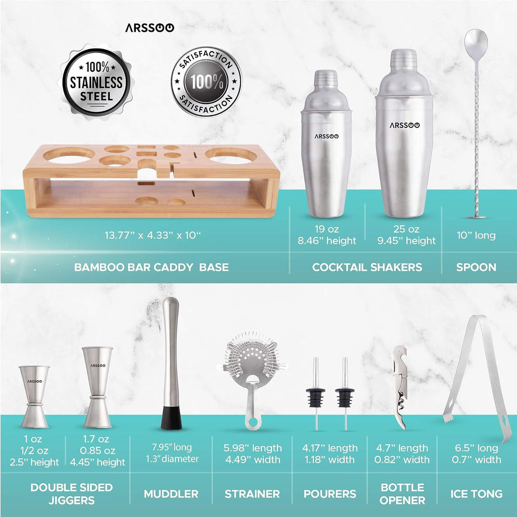 Mixology Bartender Kit 16-Piece Premium Stainless Steel Cocktail Shaker Set & Stylish Bamboo Stand | Perfect Home - Set of 15