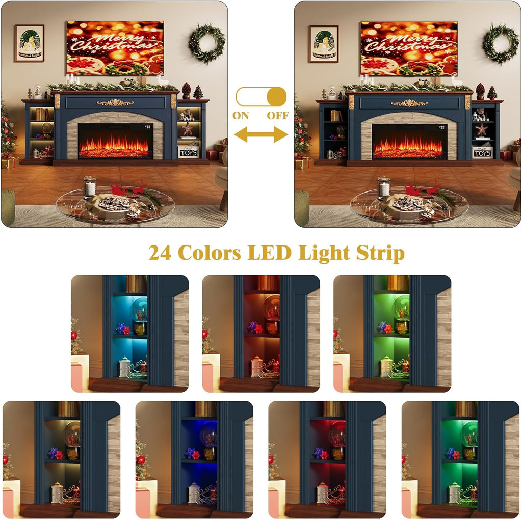 90inch Fireplace TV Stand, Fireplace with Mantel Holds TVs up to 100 Inch, Blue TV Stand with 36inch Electric Fire