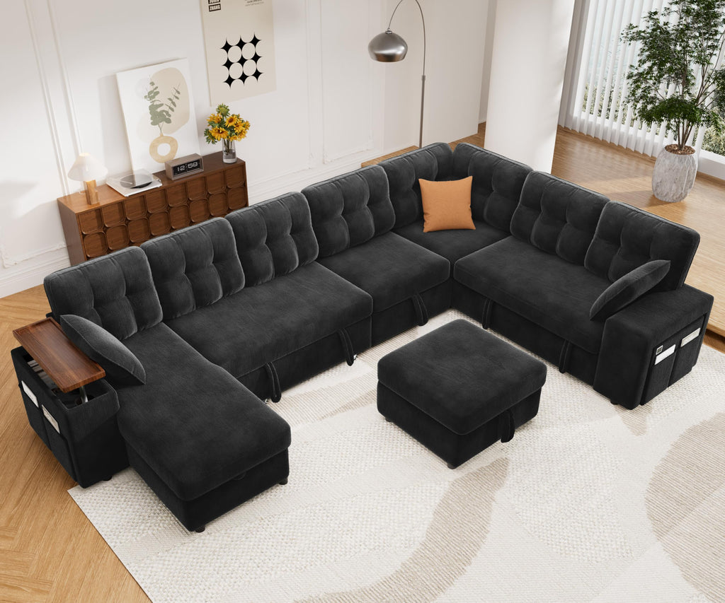 130" Modular Sectional Sleeper Sofa with Pull Out Bed, 9 Seat L Shaped Couch with Ottoman & Chaise/Reclining