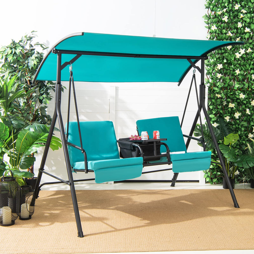 2 Person Porch Swing with Cooler Bag, Turquoise