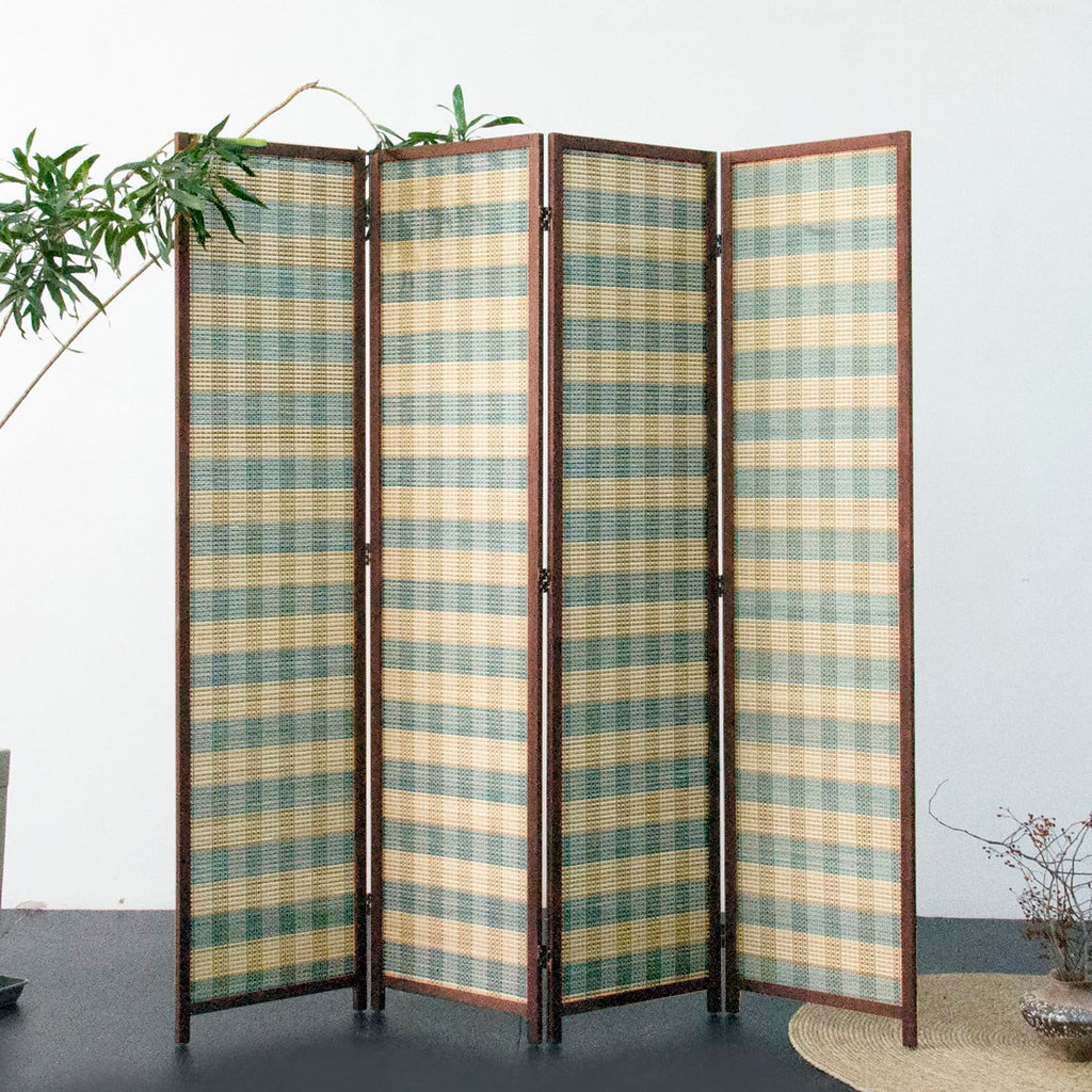 4 Panel Bamboo Room Divider, Blue Stripe Folding Privacy Screen