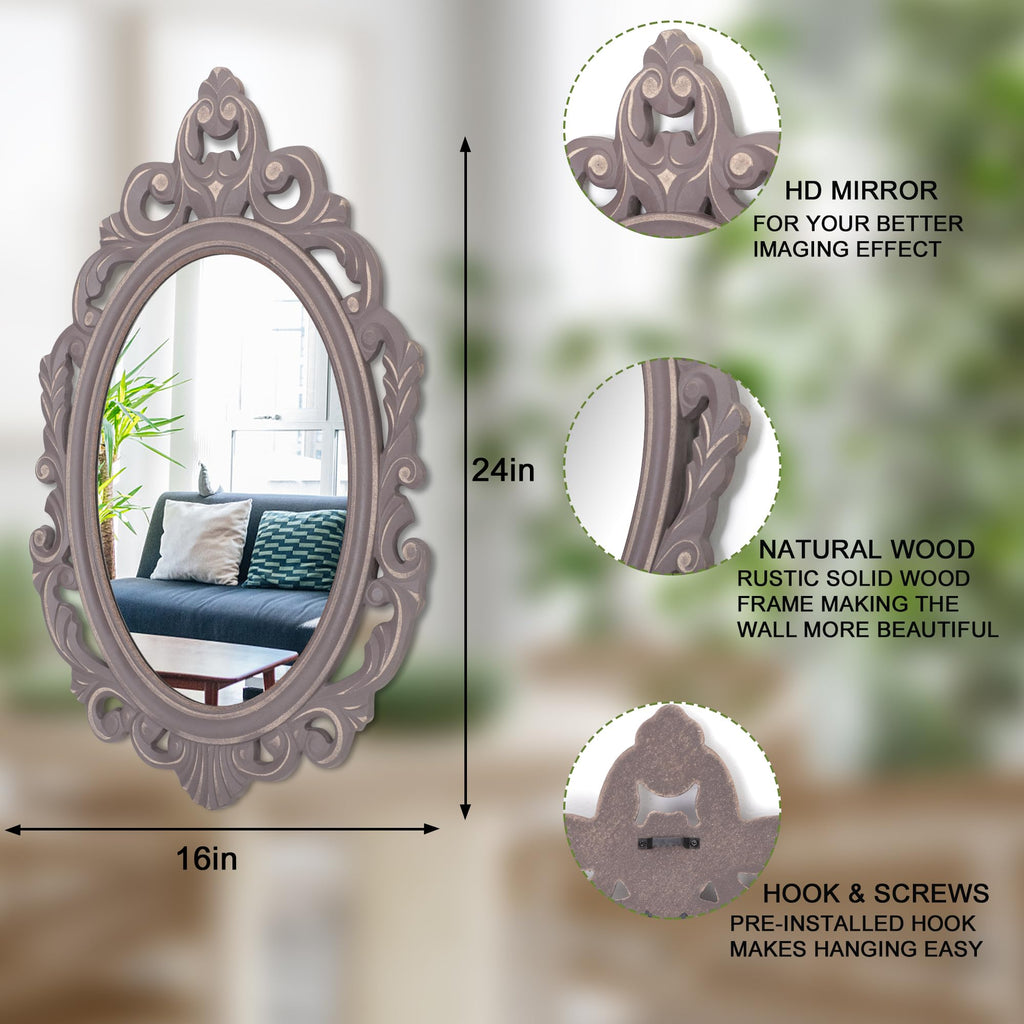 Oval Vintage Arendahl Traditional Wooden Hanging Mirror Rustic Brown Carved Wall Mirror Decorative Antique Mirror