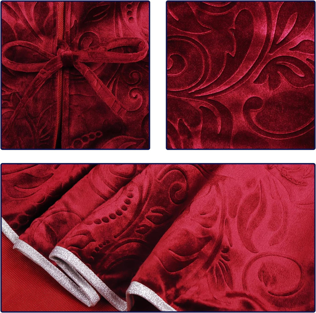 36 Inch Christmas Tree Skirt, Velvet Red Tree Skirts, Xmas Tree Skirts with Embossed Floral Pattern for Merry
