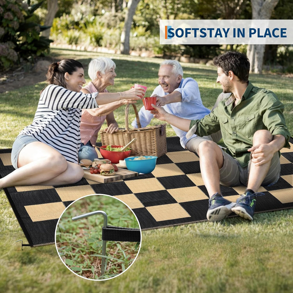 9x12 Checkerboard Outdoor Rug, Reversible Woven Plastic Straw Patio Mat, Checkered RV Camping Carpet with Corner