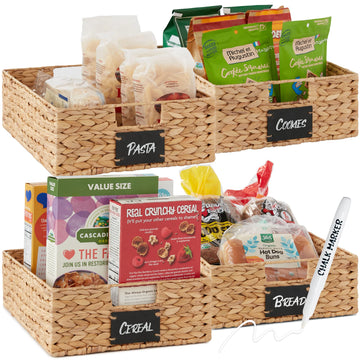 Set of 4 16x12in Large Water Hyacinth Pantry Baskets, Woven Organizers w/Chalkboard Label, Chalk Marker - Natural