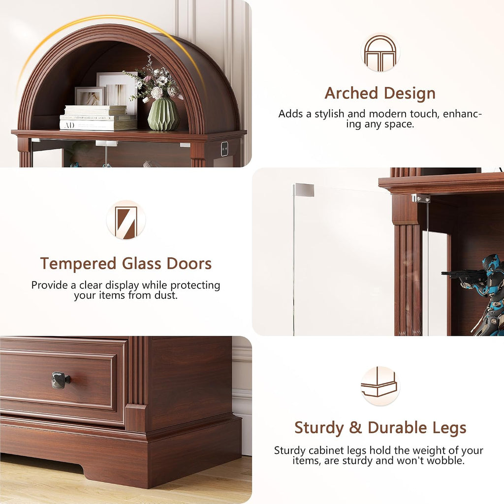 Curio Cabinet with Glass Doors & LED Lights | 72" Tall, Arched Display Cabinet, Human Sensor Lights, 4-Tier Large
