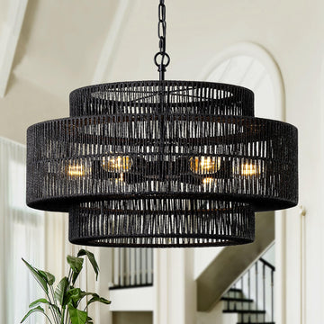 23.6" Black Large Boho Rattan Chandelier Light Fixture, 6-Light Rattan Hand-Woven Lamps Rustic Chandelier Drum
