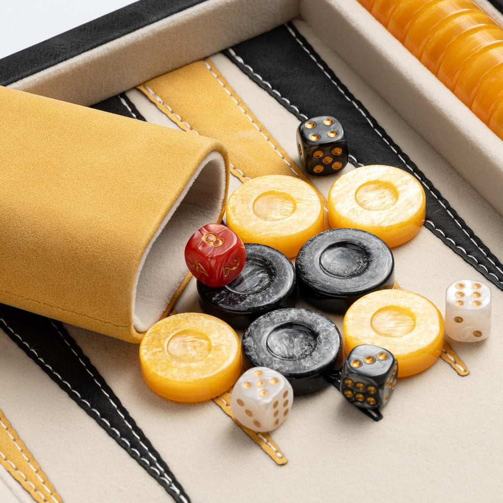 15inch Backgammon Sets for Adults, Classic Backgammon Board with Unique Checkers Dice, Faux Leather Exterior
