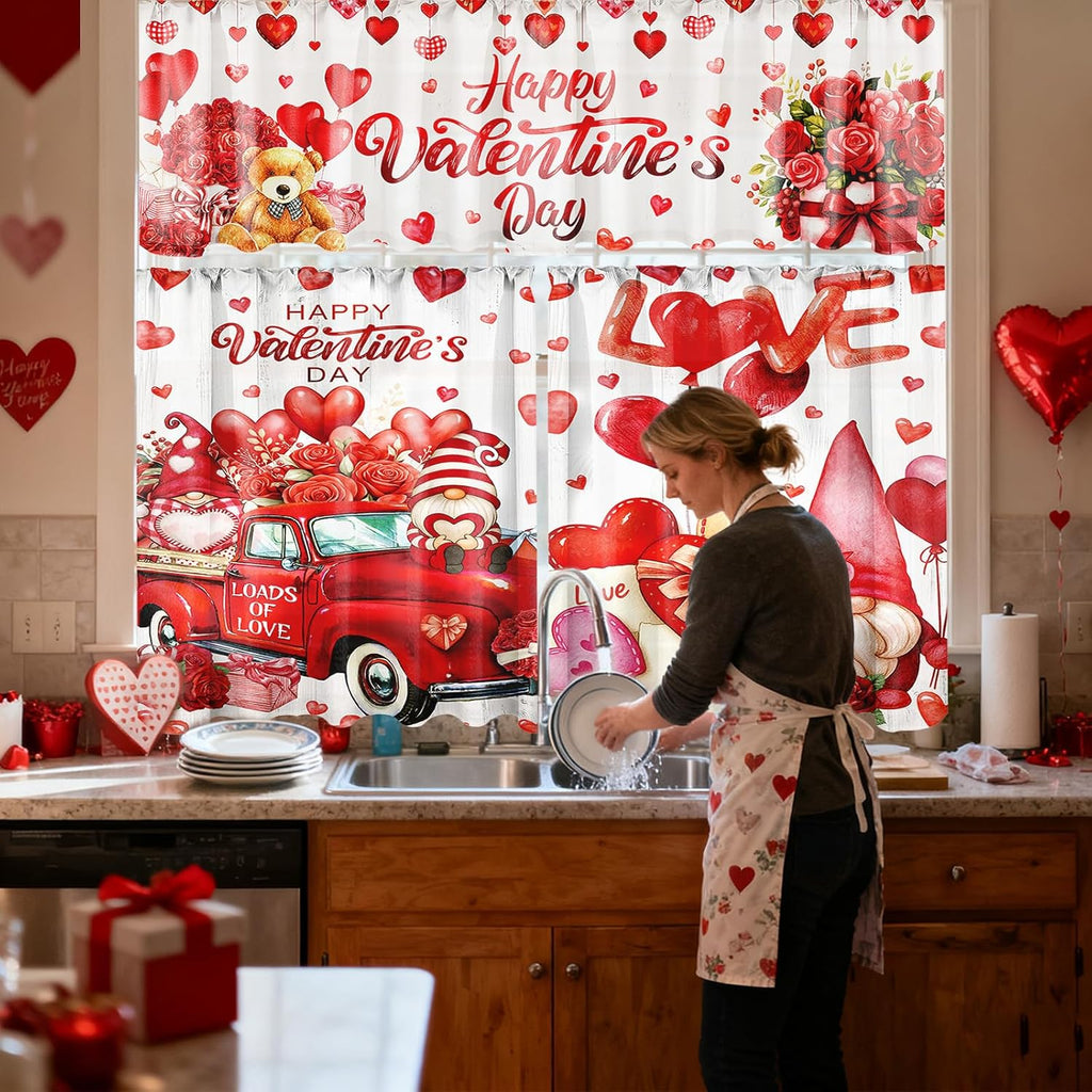 Valentine's Day Kitchen Sets with Kitchen Towels Non Slip Mats Curtains Valance Pot Holders Oven Mitts Red - Set of 13
