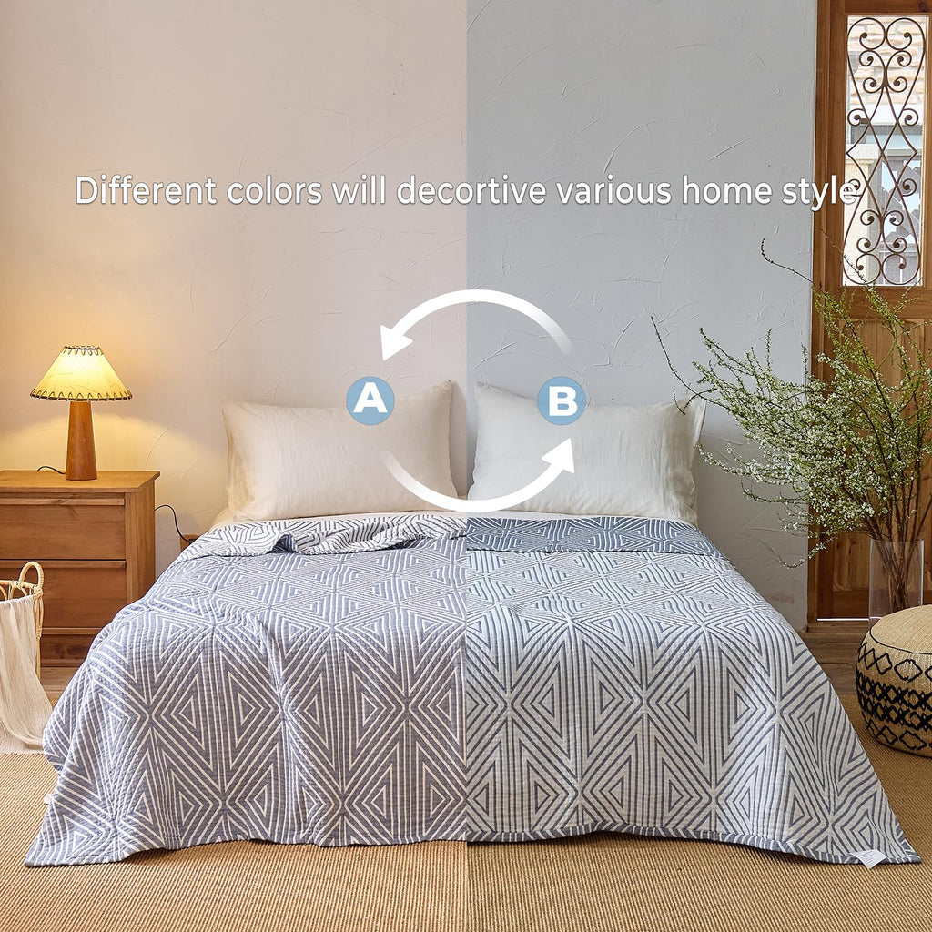 100% Cotton Geometric Reversible Muslin Blanket 60"×80" Blue