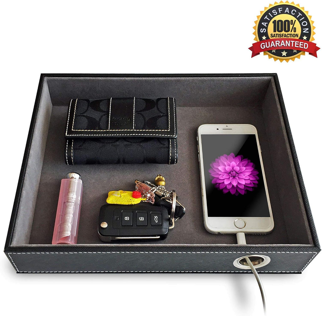 Valet Tray with Charging Station - PU Leather Nightstand Organizer for Men and Women, Desk Catchall Tray for Keys