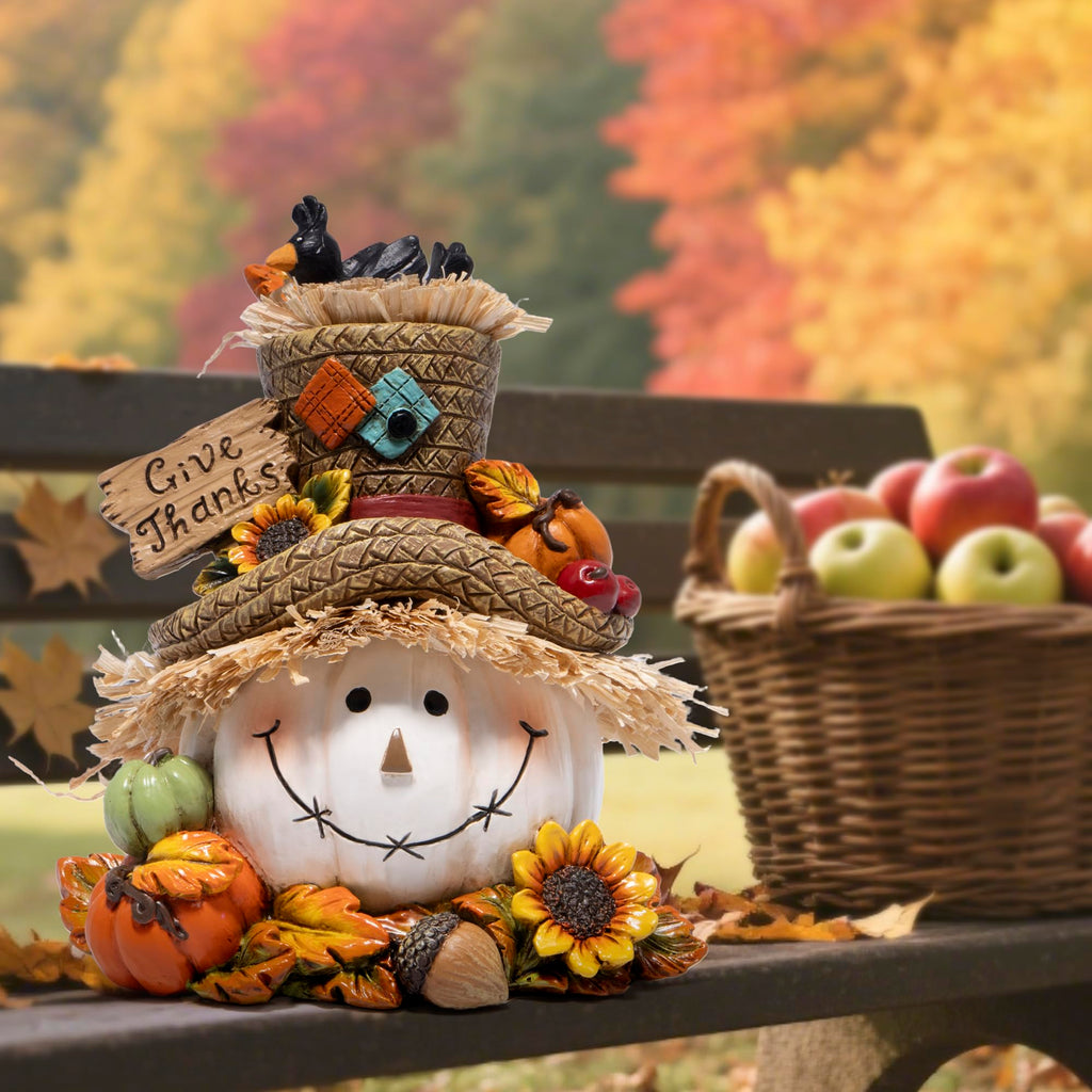 Thanksgiving Pumpkin Decorations, Resin Fall Autumn Figurine with Straw Hat, Birds, Acorns & Sunflowers, Give Thanks