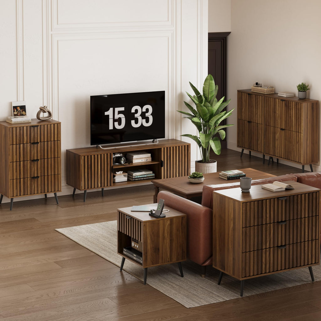 Fluted 6 Drawers Dressers, 47.24" W Chest of Drawers, Mid- Century Modern Wooden Dresser TV Stand Drawer Storage