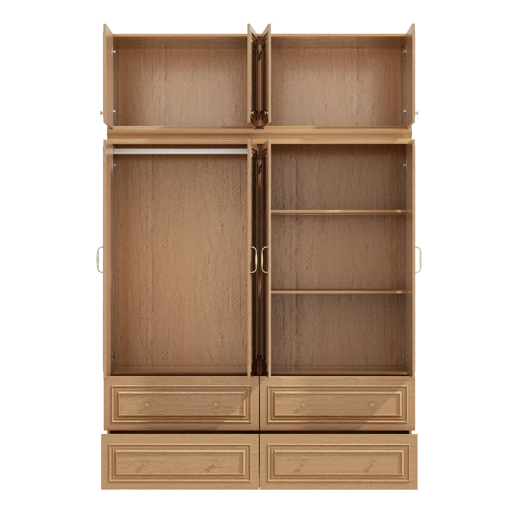 Rustic Wardrobe Closet with 4 Door, Big Armoire Wardrobe Closet with Hanging Rod/4 Drawer, Tall/Heavy Closet