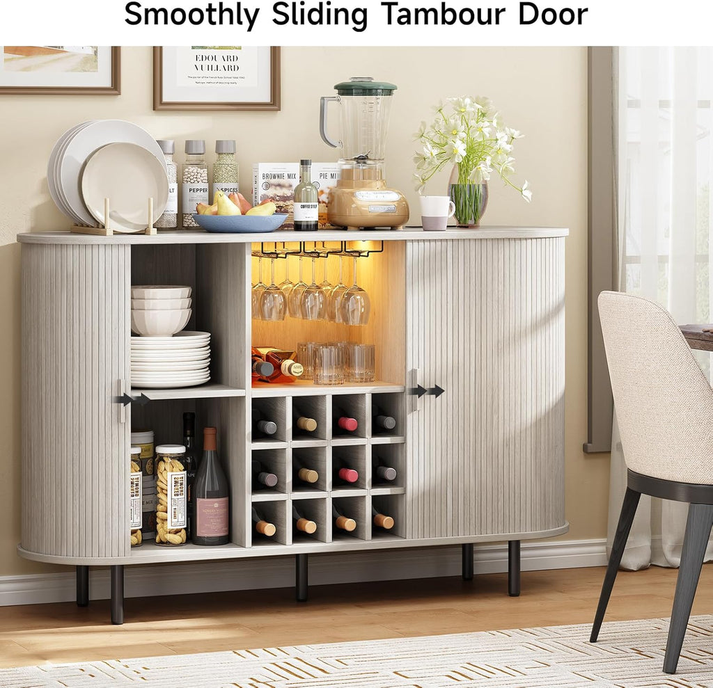 55" Fluted Wine Bar Cabinet with LED Light White | Liquor Coffee Bar Cabinet, with Wine Rack and Glass Holder