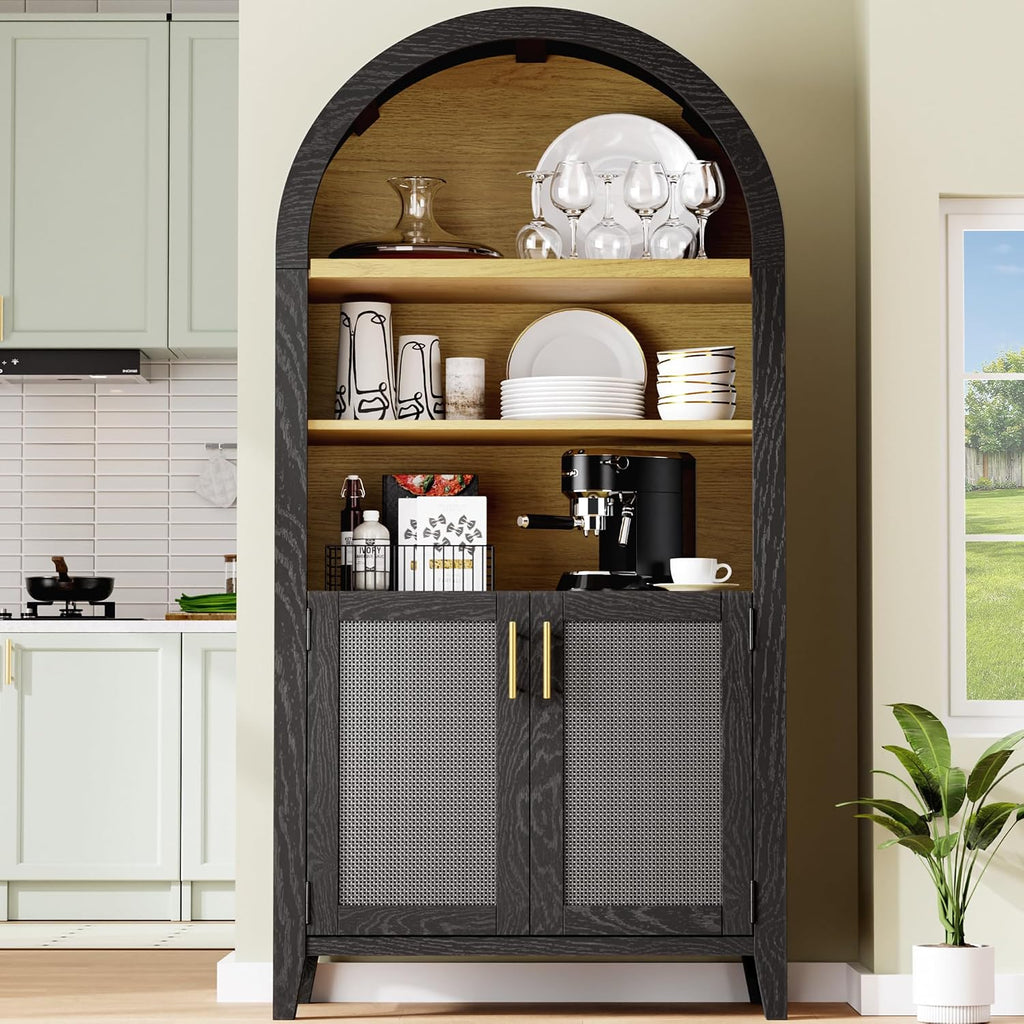 63" Arched Storage Cabinet, 5-Tier Arched Bookshelf, Black & Rattan | Wood Storage Cabinet with Adjustable Shelvess