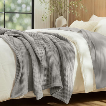 100% Cotton Waffle & Muslin Throw Blanket Large, 50"x70", Frosted Grey