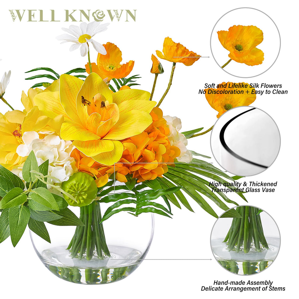 Artificial in Glass Vase for Dining Table Decor, Tropical Orange Orchid Flowers Bouquet Arrangement with Faux Water