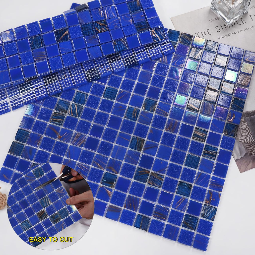 11.5 sq.ft Iridescent Cobalt Blue Glass Mosaic Tile , Pool