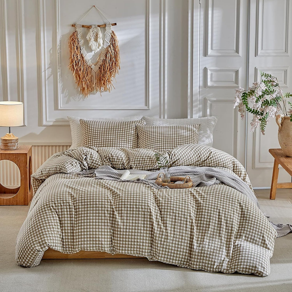 Grid King Duvet Cover Set - Tan Gingham Washed Microfiber Comforter Cover Set, 3 Pieces Plaid Checkered Soft