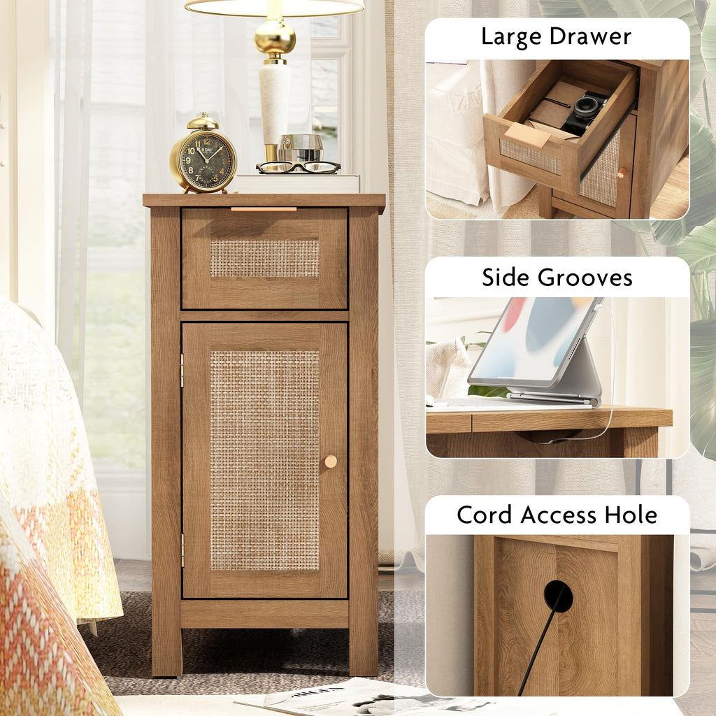 Narrow with Charging Station - Midcentury Rattan Slim Side Table with USB Ports and Power Outlets, Nightstand with