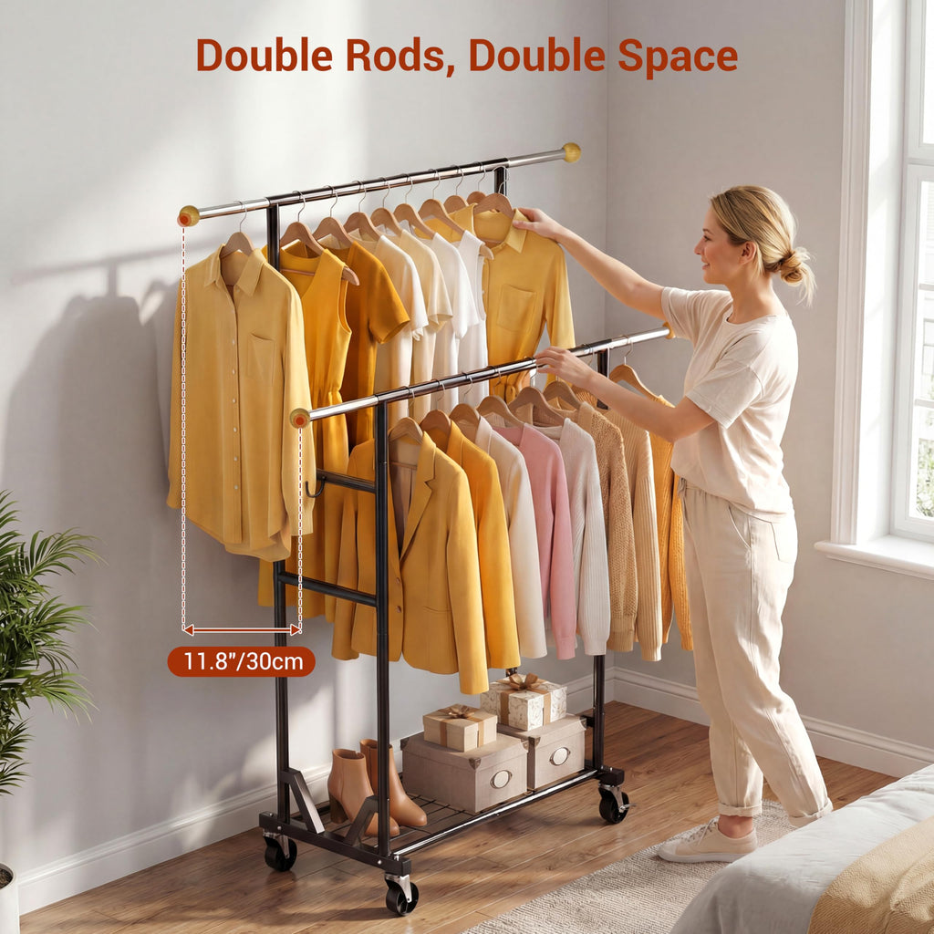 Rolling Garment Rack - Double Rod Clothes Rack with Lockable Casters, Mesh Storage Shelf & Anti-Slip Wooden Finials