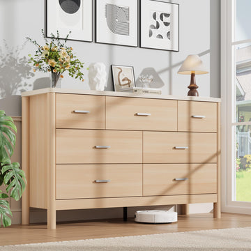 7 Drawer Dresser, Wooden Storage Chest of Drawers, Beige & Oak