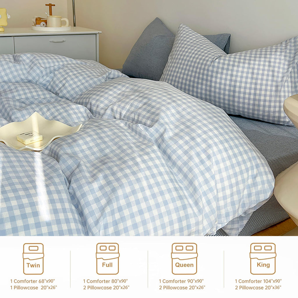 Gingham Comforter Set 3 Pieces, Soft Breathable Bed in a Bag, Light Blue White Checkered Plaid Bedding