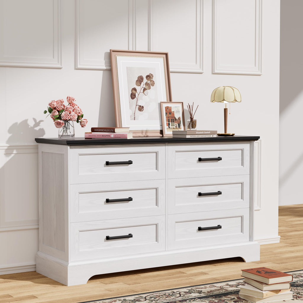 Dresser, Farmhouse 6 Drawers Dressers, White and Black