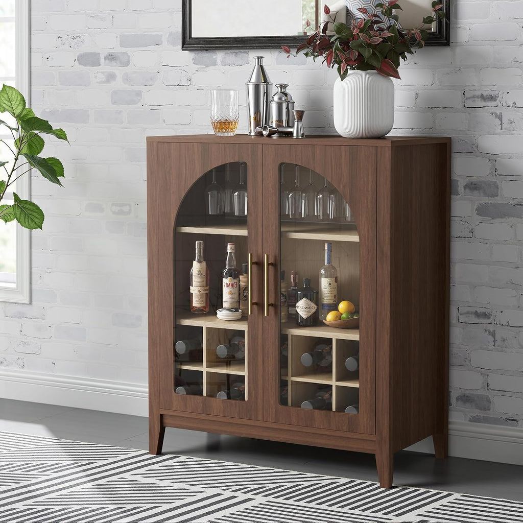 31.5" Coffee Bar Cabinet with Glass Doors, Arched Doors, Walnut | Mid Century Modern Sideboard with Wine Rack & Glass
