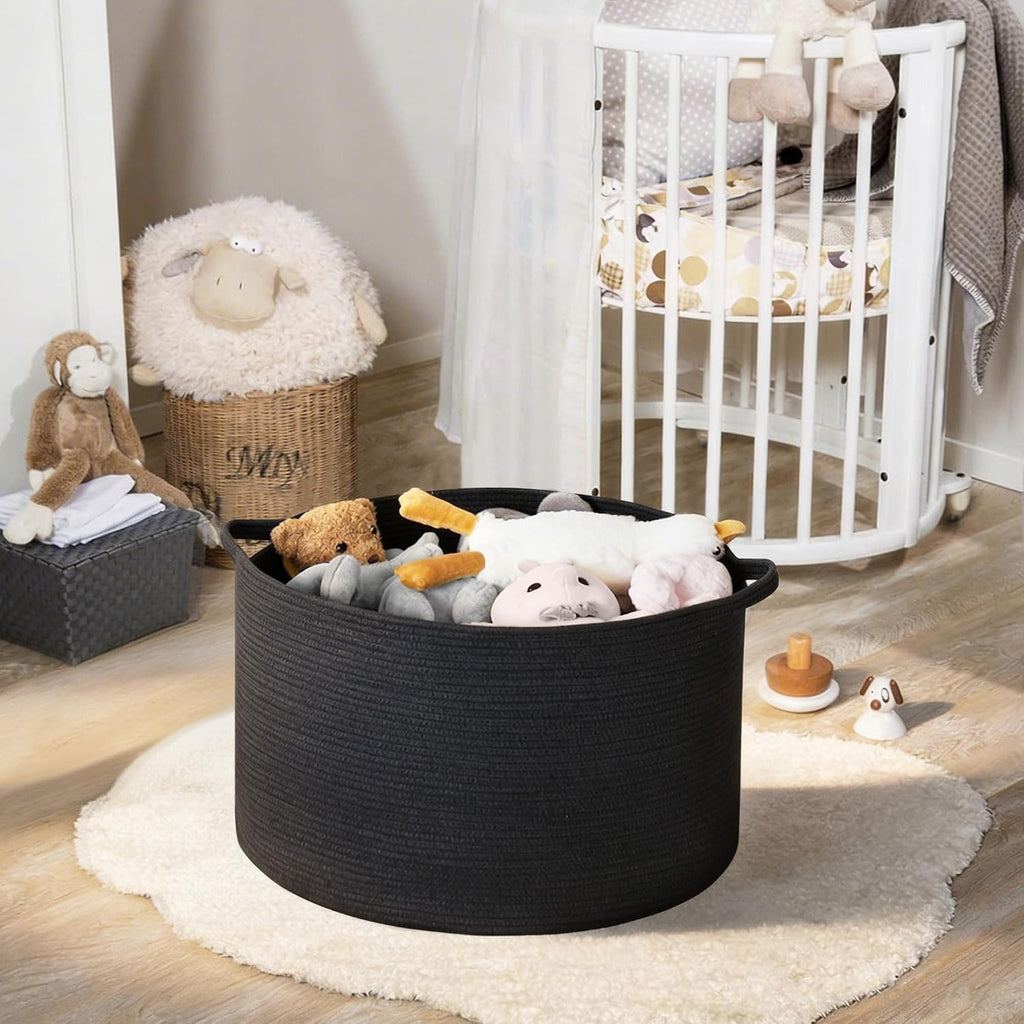 Large Black Blanket Basket, 22" X 22" X 14" Woven Rope Bin for Storage, Kids Dog Toy Storage Box Organizer Bins